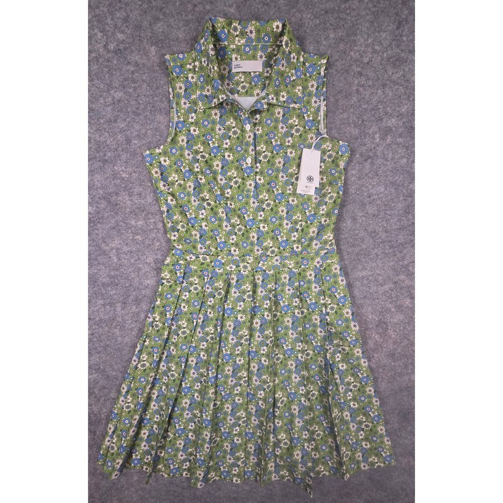 Tory Burch Printed Performance Pleated Golf Dress Green Vintage Bouquet 116436 S